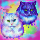 Карикатурный портрет пары кошек в стиле акварели с одноцветным фоном