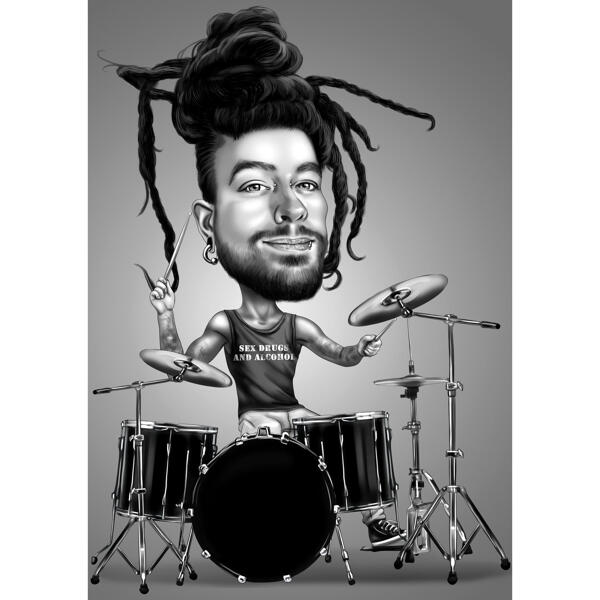 Caricatura della persona del tamburo in stile bianco e nero da foto