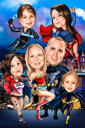 Família de super-heróis com caricatura infantil com o plano de fundo da cidade