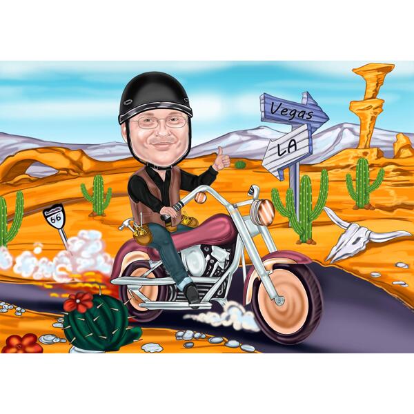 Pessoa viajando em caricatura de motocicleta