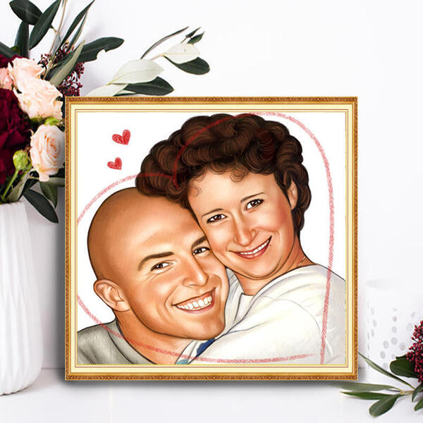 Retrato de caricatura de casal adorável em estilo colorido em impressão de pôster para presente