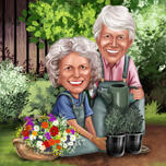 Caricatura di coppia di giardinaggio in stile a colori con sfondo personalizzato dalle foto