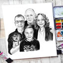 Famiglia con caricatura di animali domestici in stile bianco e nero per regalo poster personalizzato
