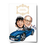 Dessin de caricature d'invitation de mariage de couple dans la voiture à partir de photos pour carte