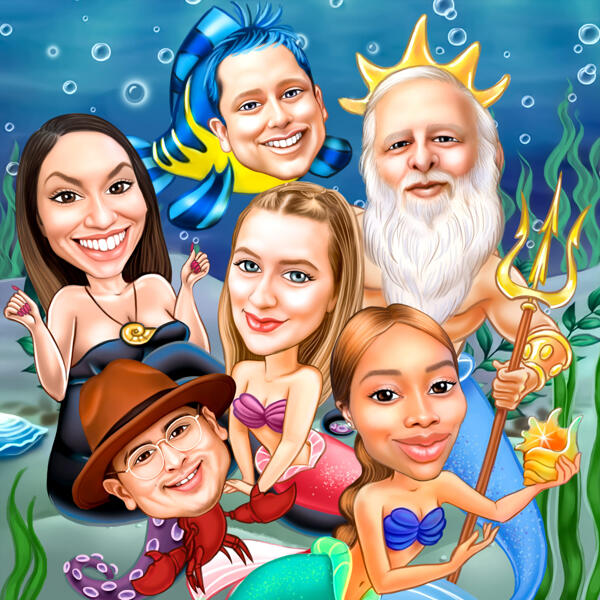 Mermaid Group Caricature in Exaggerated Style with Custom Background