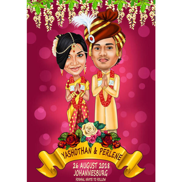Pareja india de dibujos animados de boda de Bollywood