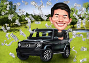 Person in Mercedes Car as Colored Caricature Gift with Custom Background from Photos