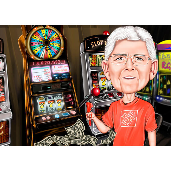 Casino Karikatyr Handritad i färgstil med spelmaskinbakgrund från foto
