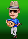 Hombre de cuerpo completo con caricatura de guitarra en estilo exagerado de colores para regalo