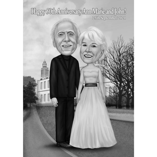 Cadeau de caricature de couple 50e anniversaire de mariage dans un style monochrome
