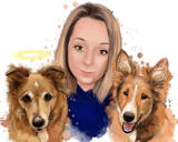 Memorial Portrait of Owner with Pets from Photos in Watercolor Style