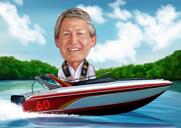 Man Driving Red Boat Caricature