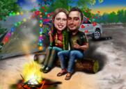 Caricatura de pareja con jeep acampando