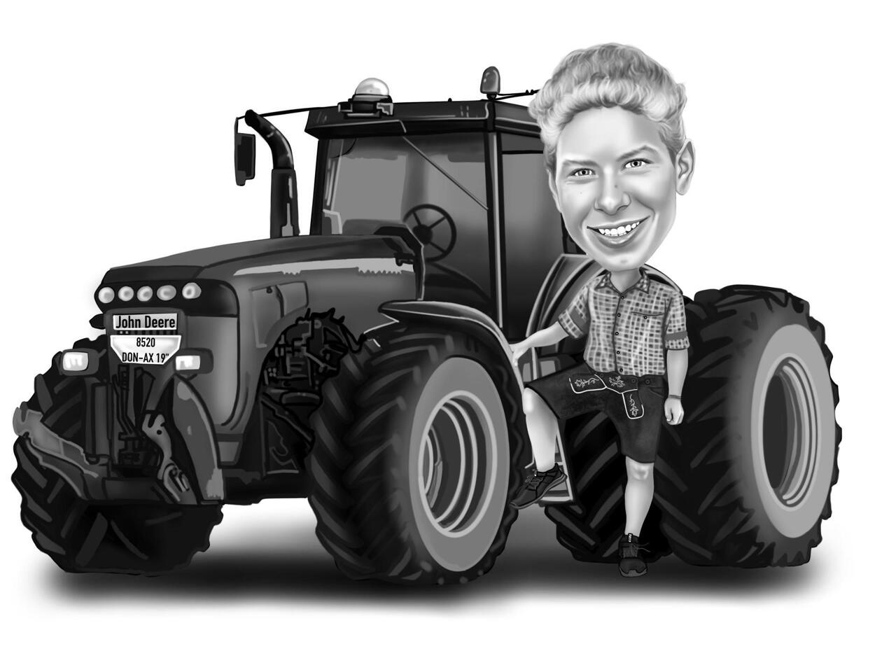 Homme avec tracteur en noir et blanc