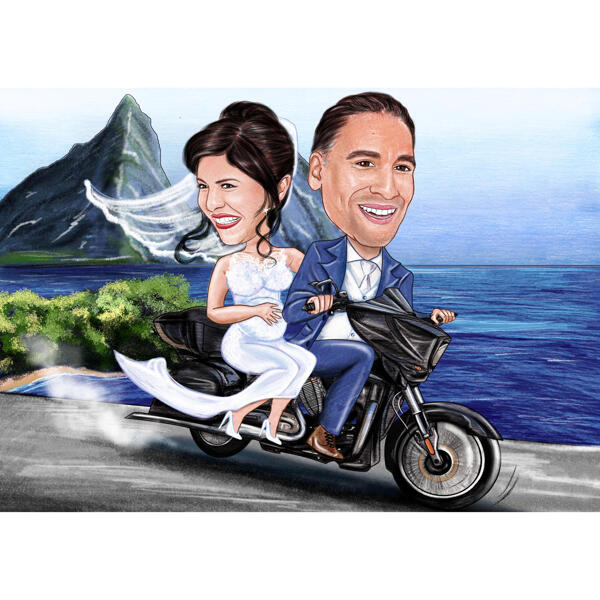 Bride and Groom Motorcycle Caricature