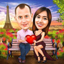 Пара на скамейке в парке Цветная карикатура на фоне природы с фотографий