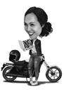 Meitene brauc ar motociklu Karikatūras zīmējums no fotogrāfijām