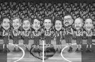 Caricatura de time de basquete em preto e branco