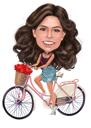 Sieviete uz velosipēda krāsaina karikatūra no fotoattēliem