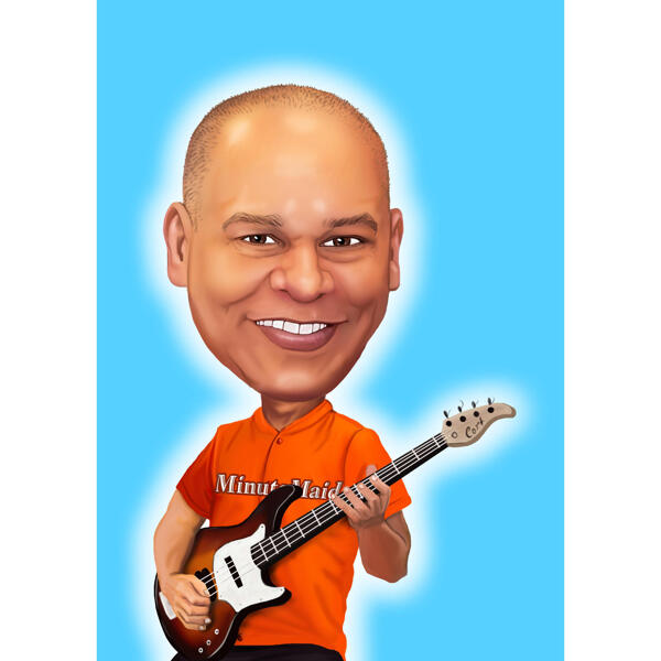 Persoon met gitaar cartoon karikatuur van foto op één kleur achtergrond