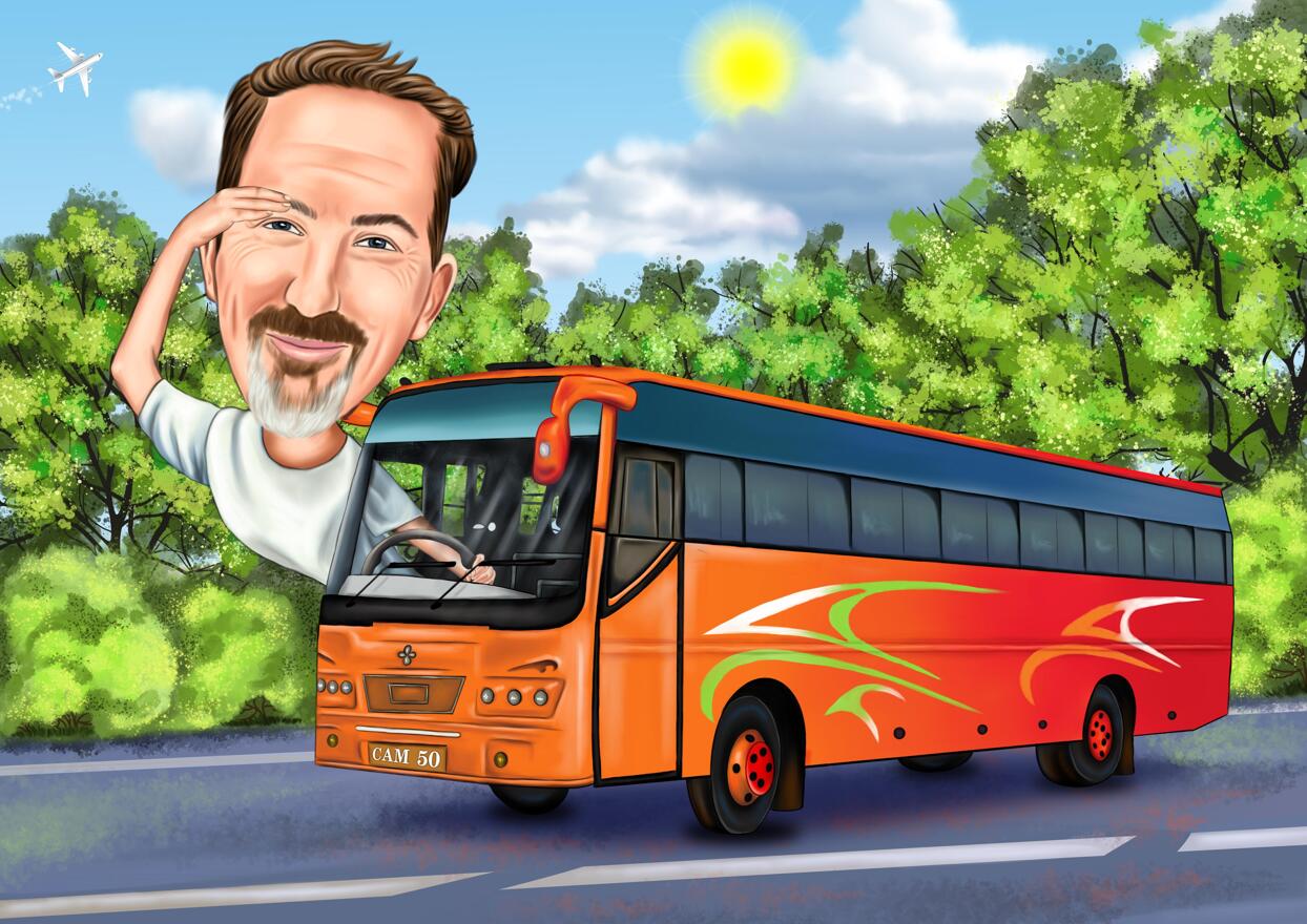 Bus Driver Cartoon Portrait Gift with Road Background from Photos