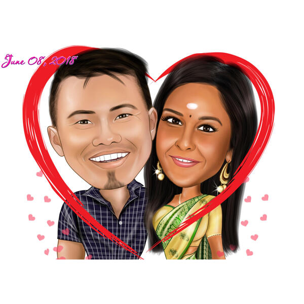 Caricatura de casal indiano em coração tirado de fotos