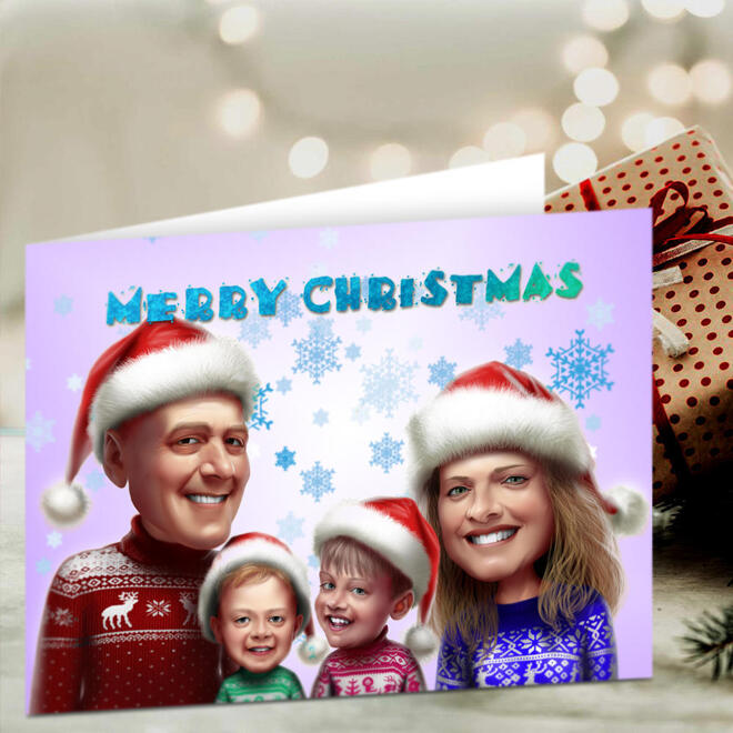 Feliz Navidad Juego de 10 tarjetas de caricatura de color de felicitación de familia con niños