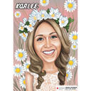 Schönes Frauen-Karikatur-Porträt im Farbstil mit Blumen-Hintergrund von Photo