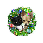 Haustiere für Weihnachtskarte im Weihnachtskranz