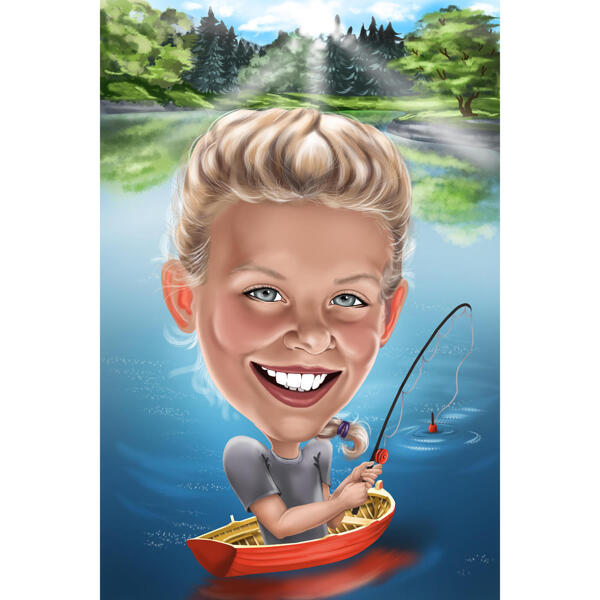 Caricatura de niño de pesca con fondo de lago