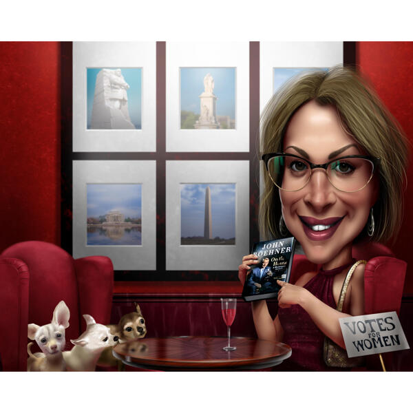 Frau mit Haustieren übertriebene Karikatur im digitalen Farbstil mit individuellem Hintergrund