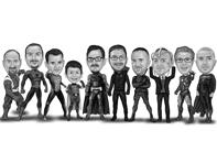 Miesten supersankariryhmän karikatyyrikuva kuvista mustavalkoisella piirustustyylillä