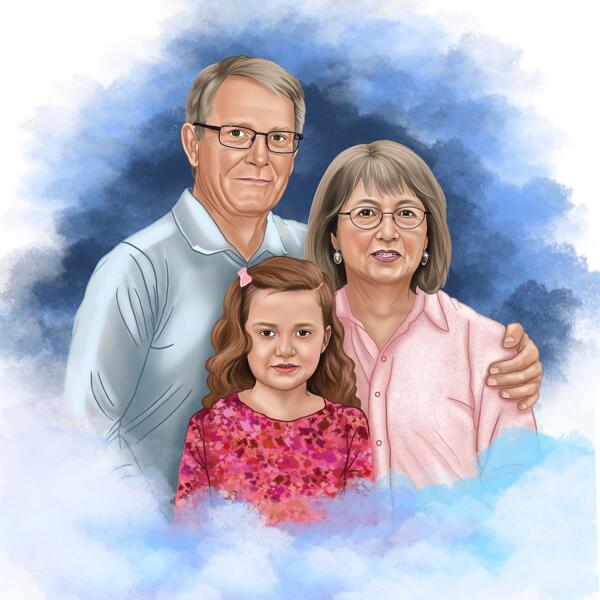 Portrait de dessin animé commémoratif des grands-parents avec fond bleu ciel