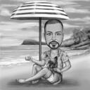 Person with Pet on Vacation - Black and White Caricature from Photos