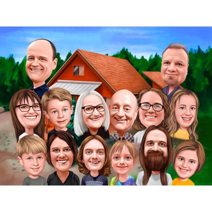 Head and Shoulders Family Caricature in Color Style with House in the Background