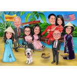 Caricatura di gruppo familiare in costumi tradizionali