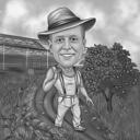 Farm Person Caricature i svartvitt stil från foton