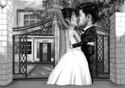 Caricatura de pareja besándose en blanco y negro con fondo personalizado de fotos
