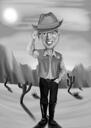 Человек в пустыне Путешествие Черно-белая карикатура в стиле с фотографии