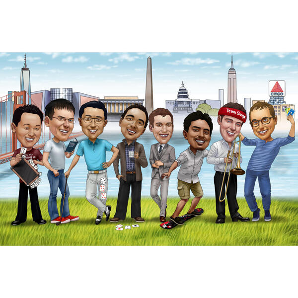Karikatura mládenců s rekvizitami