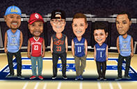 Caricatura de padrinhos vestindo uniformes esportivos