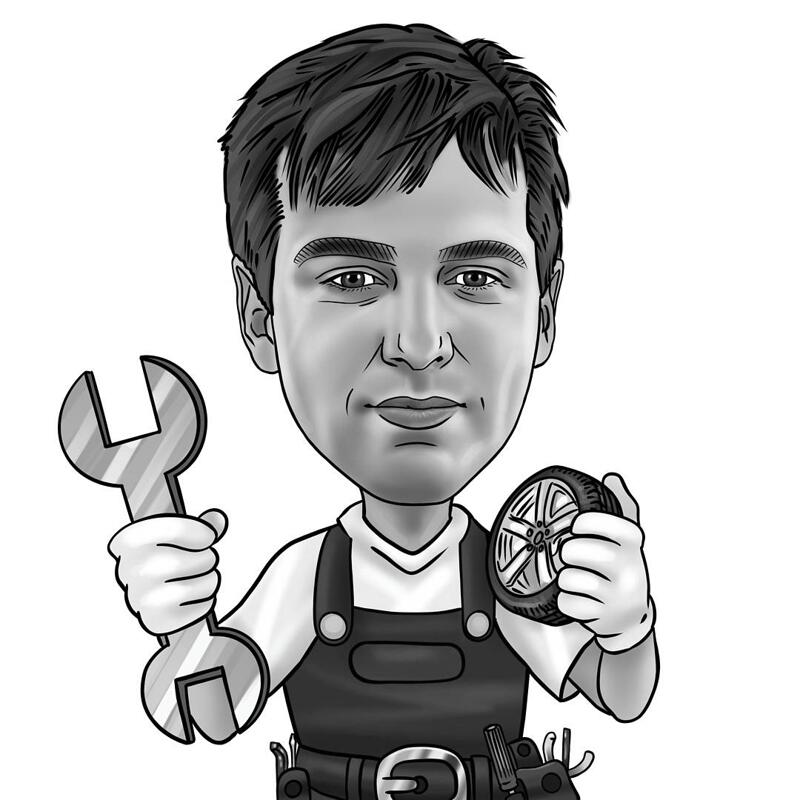 Caricature de mécanicien Caricature de mécanicien automobile
