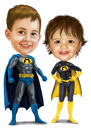Desenho de caricatura de super-herói de duas crianças