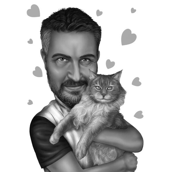 Mann mit Katzen-Karikatur-Karikatur-Geschenk im Schwarz-Weiß-Stil vom Foto