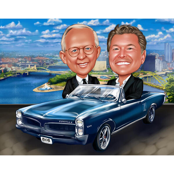 Caricatura di due persone in auto con sfondo personalizzato