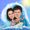 Caricatura de pareja surfeando