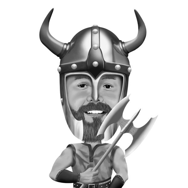 Ritratto di cartone animato di Viking Man da foto in stile bianco e nero per regalo personalizzato