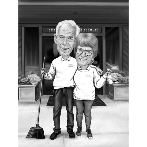 Karikatura personálu úklidové služby v černém a bílém stylu na vlastní pozadí