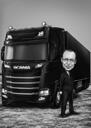 Karikatura řidiče nákladního kamionu v celotělovém typu a černobílém stylu