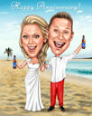 Caricatura de casal de férias com fundo de praia tropical.